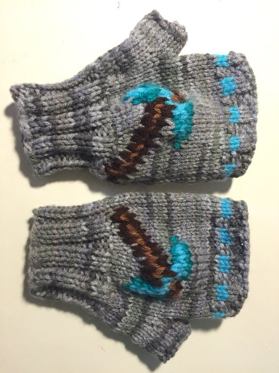 Pair of Diamond Pickaxe Minecraft Gloves in Stone, fingerless gloves