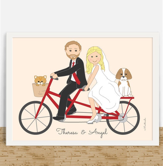 Tandem Bike Custom Wedding Portrait Bicycle Couple Illustration