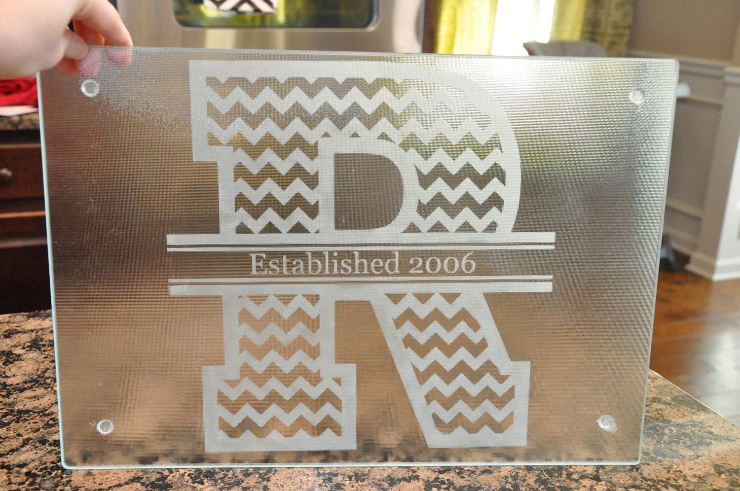 Customized Chevron Glass Etched Cutting Board by FatOwlGifts
