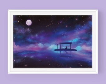 Anime Space Poster: Last Stop, Bus Stop, Night Sky, Universe Poster, Scenic Poster, Sky Poster, Space Art, Stars Poster, Fantasy Poster
