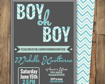 Chevron baby shower invitation, boy oh boy, aqua and teal, pattern, gray and teal, baby boy, typographic