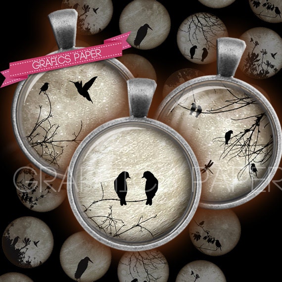 Birds and dark Moon - digital collage sheet - td10 - 1.5", 1.25", 30mm, 1 inch - Printable - Bottle caps - Image Pendant, Picture Necklace