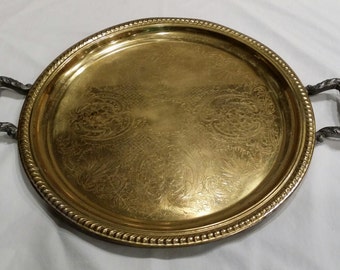 Vintage Round Brass Gold Tray Ornate Silver Handles Etched Floral Two ...