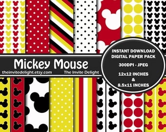 Mickey Mouse Digital Paper Pack, Mickey Polka Dots, Mickey Mouse Heads, Printable Party Decor, Scrapbooking Paper, Instant Download