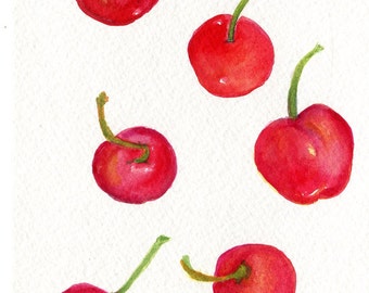 Cherries painting, Falling Cherries Original Watercolor Painting, Small Fruit Painting, Food Kitchen Wall Art, 5 x 7, SharonFosterArt