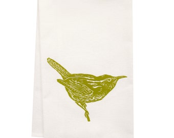 ORGANIC wren block print tea towel