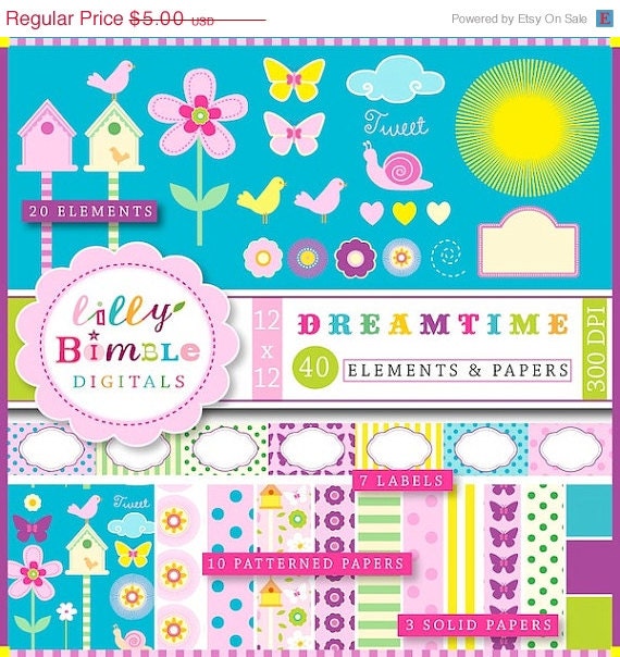 50% off Instant Download digital scrapbook papers, clipart, labels, birds, garden, flowers, Dreamtime Il_570xn