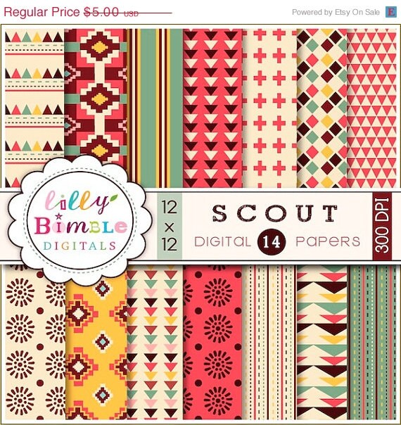 50% off Tribal Digital Papers aztec native american geometric prints in red, green, yellow, sage DIGITAL DOWNLOAD Il_570xn