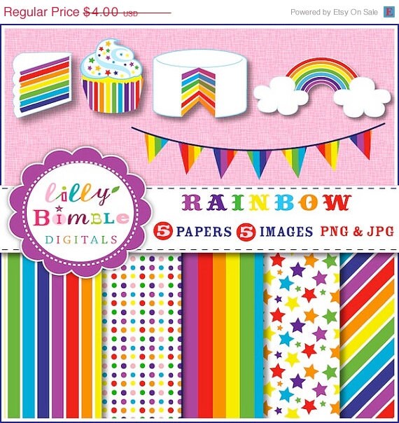 50% off Rainbow party clipart cupcake, cake, bunting for cards, invites. Commercial USE digital papers and clipart INSTANT DOWNLOAD Il_570xn
