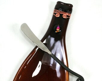 Brown Wine Bottle Serving Tray with Dichroic Glass with Wire Wrap and Spreader - Recycled Eco-Friendly