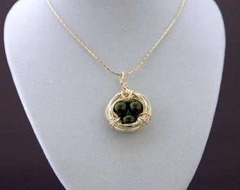 Bird's Nest Mother's Necklace, Silver nest with Pearl Eggs, Birthstone Necklace