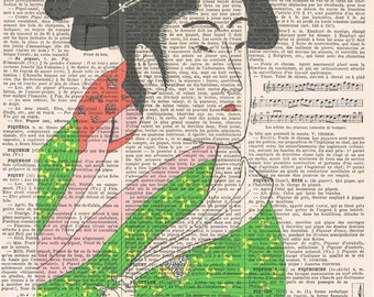 Geisha girl.asian.green.Birthday Gift,Antique Book Page Print. buy 3 get 1 FREE.christmas.japanese.vintage.french.paris.kimono.asiatique.art