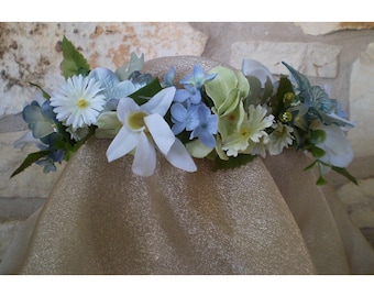 blue floral head wreath blue butterfly boho bridal flower crown wedding head piece renaissance faery costume accessory