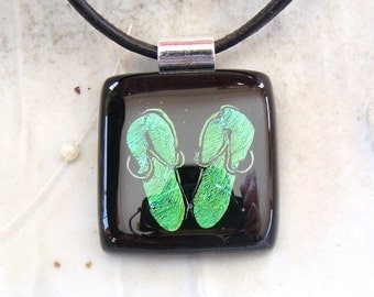 Dichroic Pendant, Glass Jewelry, Fused Glass, Flip Flops, Green, Necklace Included, A6