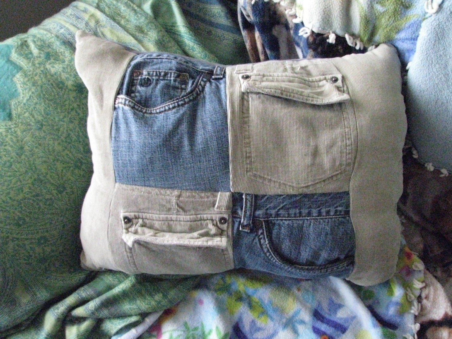 Upcycled Denim Throw Pillow With Pockets Jean by Dreamcrafter