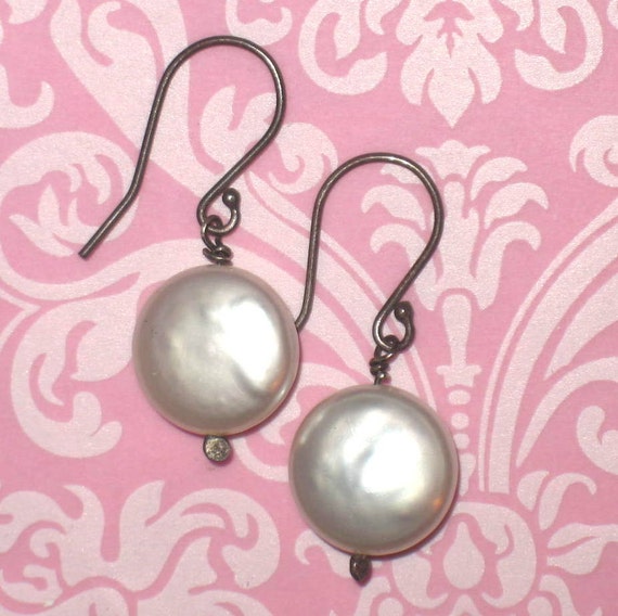 White, Teal, Fuchsia, Pale Green, or Silver Coin Pearl on Oxidized Sterling Silver Dangle Earrings