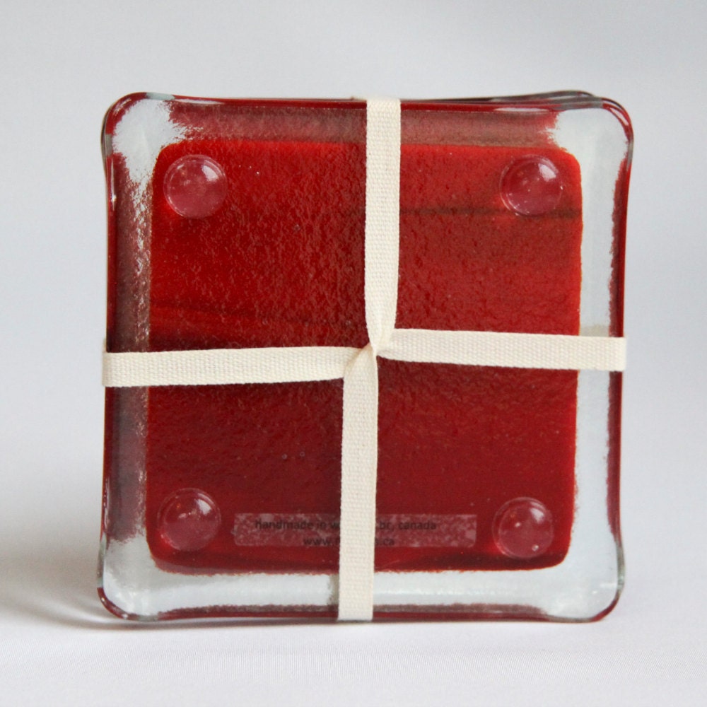 Fused glass coasters. Red coasters. Glass coasters. Drink