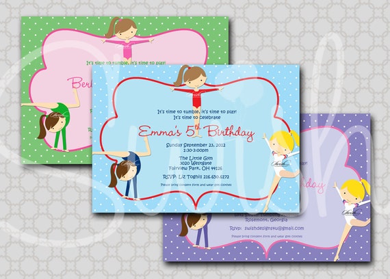 Girls Gymnastics Invitation Tumbling Party Girl Gymnasts pink purple green blue printable party - Digital Invite Il_570xn