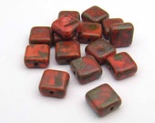 Flat square glass beads, small Czech opaque rust red Picasso finish 8mm, 15 pcs