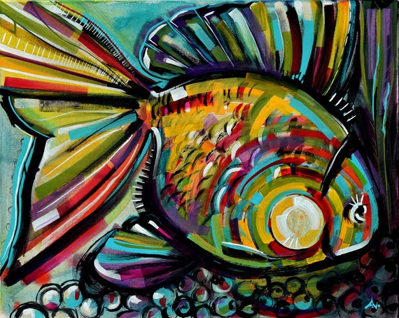 Abstract Fish Painting Print Art Bright Colorful Turquoise