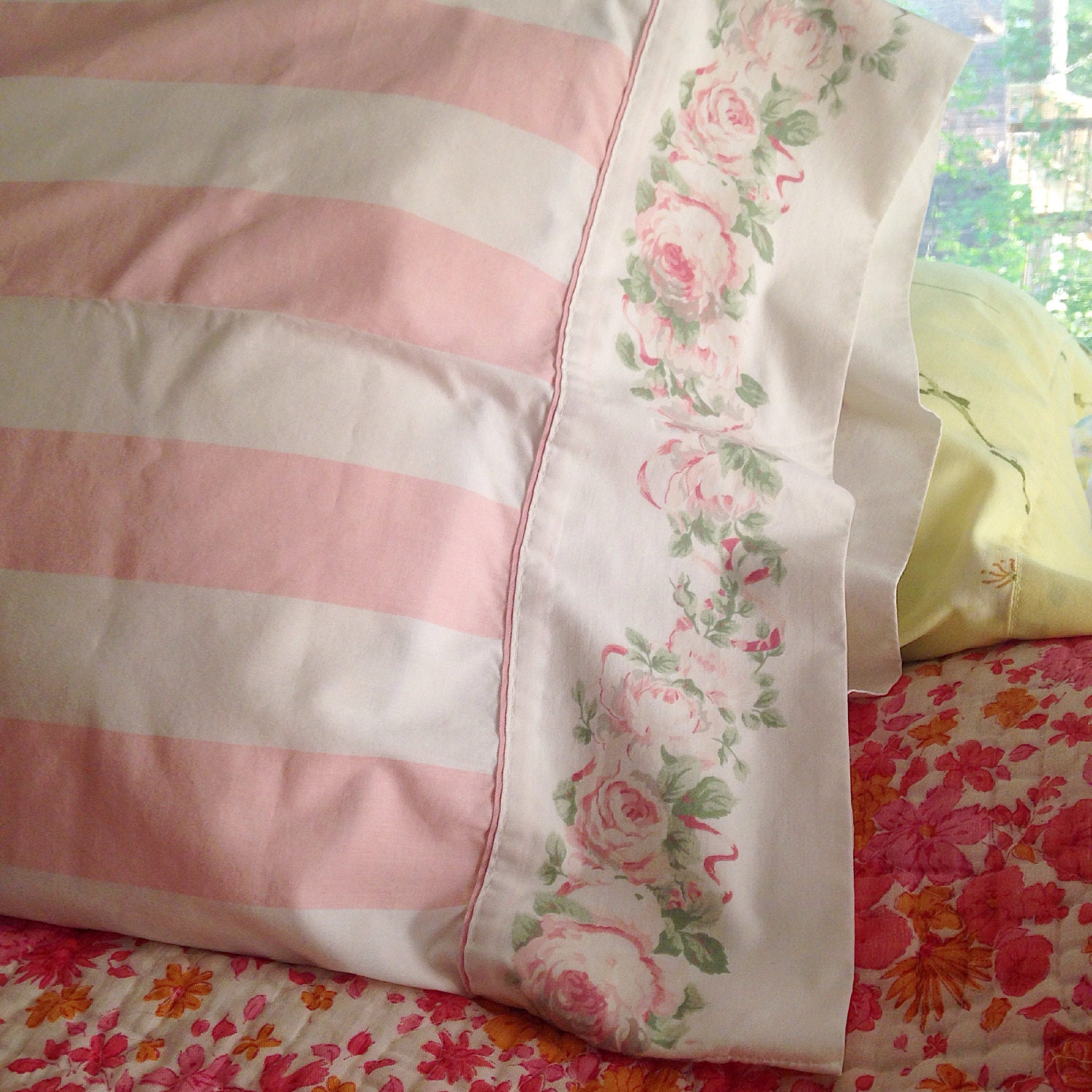Vintage pink stripe and floral pillowcases by pillowhappy on Etsy