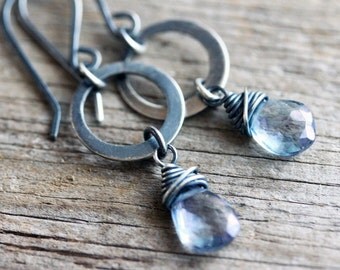 Blue Sterling Earrings , Blue Gemstone Earrings, Mystic Blue Quartz , Handmade Sterling Earrings