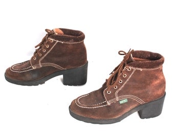 size 7.5 ESPRIT brown leather 80s 90s GRUNGE PLATFORM lace up ankle boots