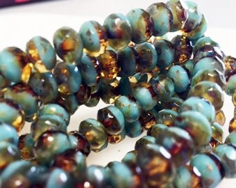 Czech Glass Rondells 7 mm Blue Aqua Picasso Beads 0/597