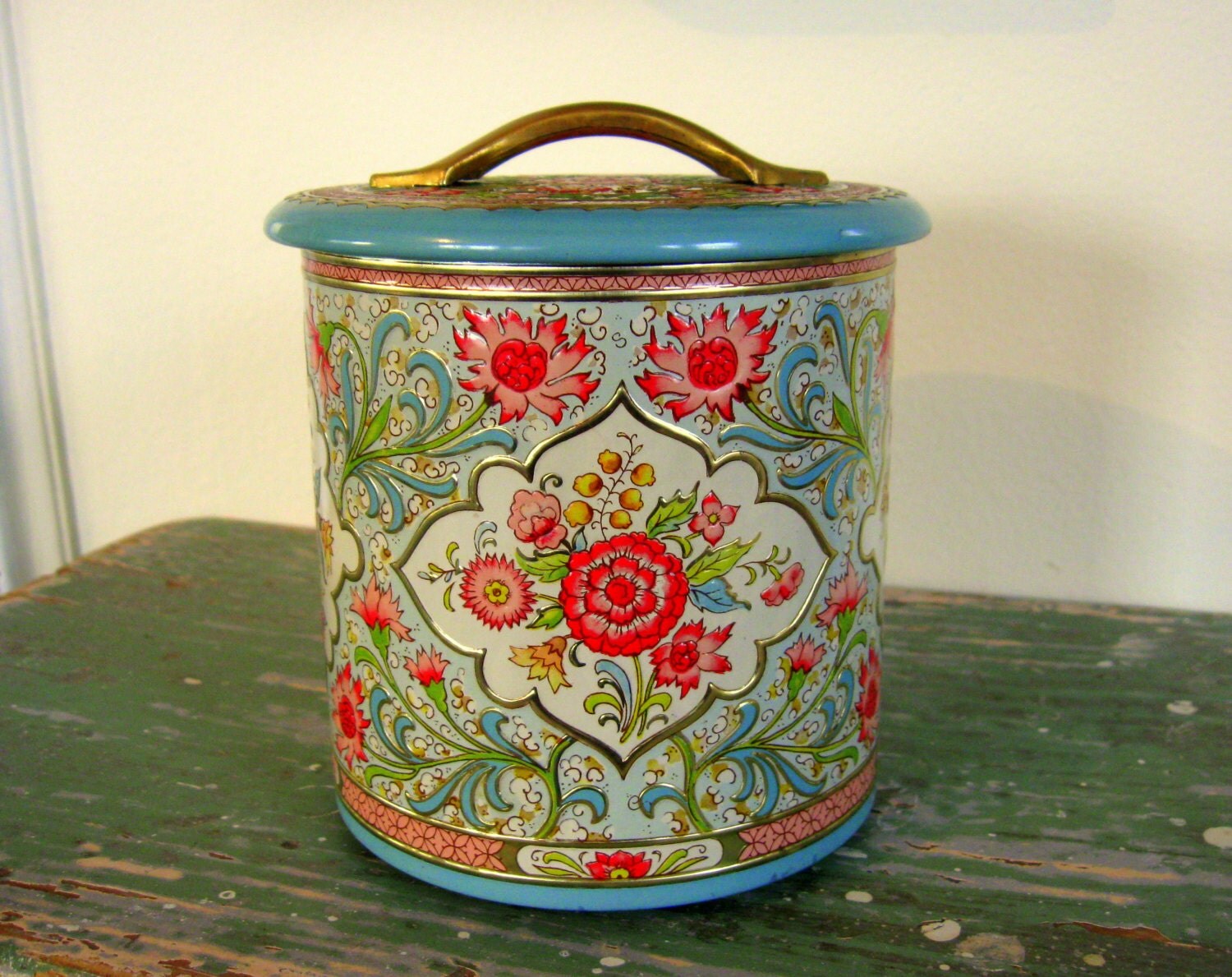 Daher Jadite Robin’s Egg Blue Aqua Holland Tin Canister Nesting Pink