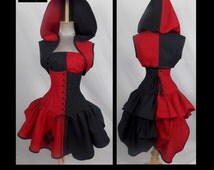 Harley Quinn Inspired Villain Style Brick Red Black Top Hoodie Corset 