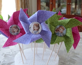 Sofia The First Pinwheel Cupcake Flags - 12 Fabric Cake Toppers, use for a Birthday or party
