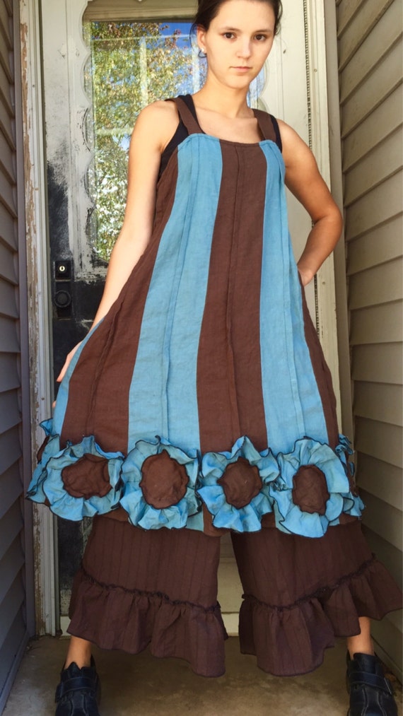 Blue and Brown Linen Flower Bottom Dress L