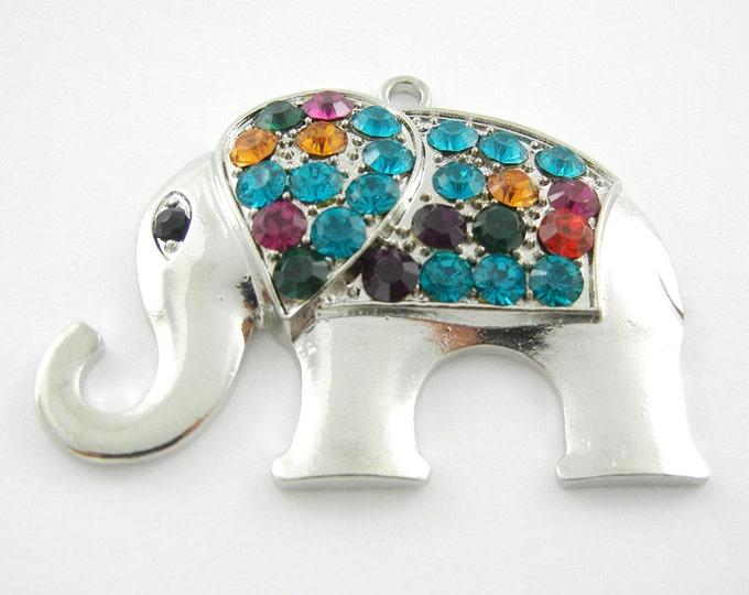 Silver-tone Elephant Charm Pendant Multi Color Rhinestones