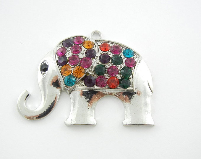 Silver-tone Elephant Charm Pendant Multi Color Rhinestones
