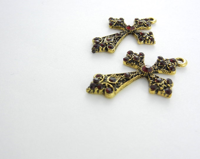 Pair of Burnished Gold-tone Dark Ruby Red Rhinestone Cross Charms