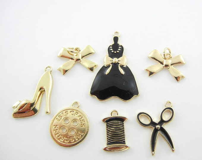 Set of 7 Fashion Themed Charms Gold-tone Black Epoxy