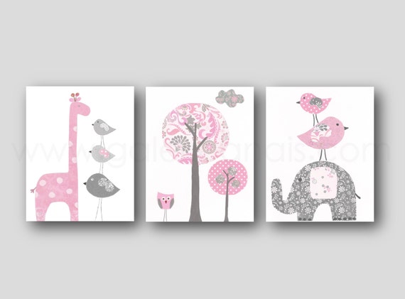 Elephant nursery art giraffe nursery wall art Baby Girl Nursery Decor tree bird Kids wall art light pink and gray nursery - Set of 3 prints by GalerieAnais