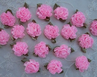 18pc PINK Satin Ribbon Fabric Flower Applique Shabby Chic Baby Doll Carnation Cabbage Rose Bow #2