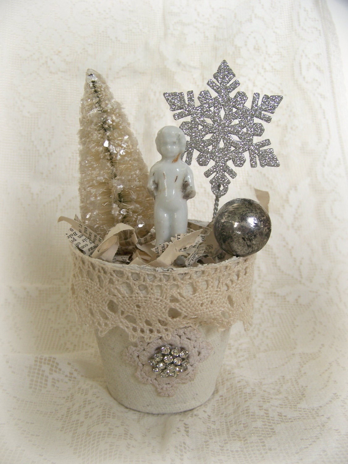 Winter White Christmas Decoration Vintage Christmas Decor Shabby White Christmas Mixed Media Peat Pot Vintage Frozen Charlotte Altered Pot