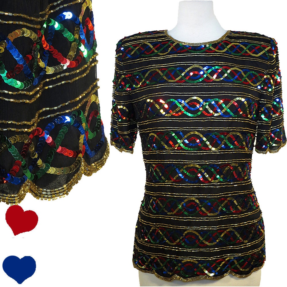 Rainbow Sequin Shirt Top Vintage 80s SEQUIN Rainbow Beaded