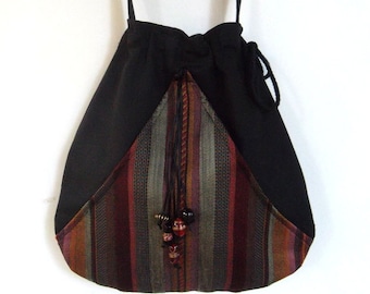 Boho Stripe Bag Black Pocket Boho Bag Drawstring Bag Bohemian Bag Crossbody Purse