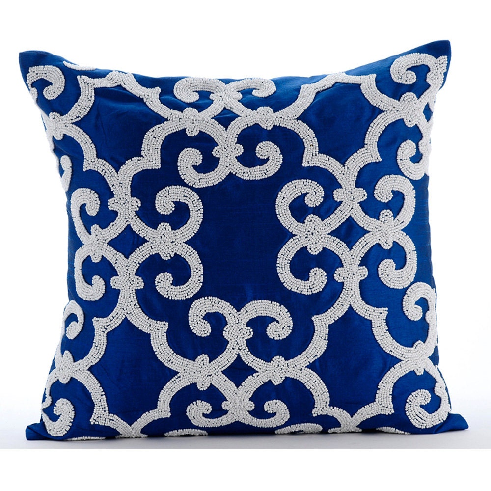 Designer Blue Accent Pillows Arabic Pattern Beaded Pillows