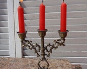 Brass Candelabra Three Candle Holder Decorative Ornate Scroll Vintage Tarnished Metal 5 x 2 inches