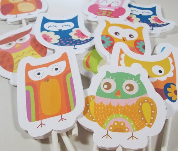 cupcake Toppers owl toppers  Owl Retro Cupcake SALE/CLEARANCE vintage
