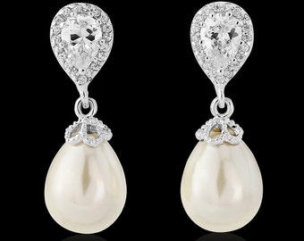 Pearl bridal earrings lacy pearl drop wedding earrings 50s style crystal pearl drop wedding bridal earrings