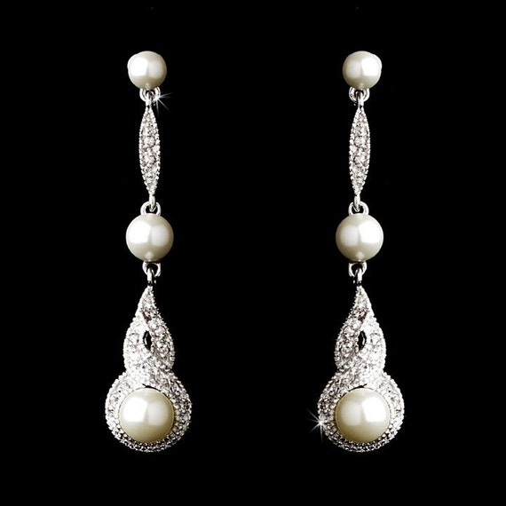 Art Deco Wedding Jewelry long pearl drop bridal earrings Art