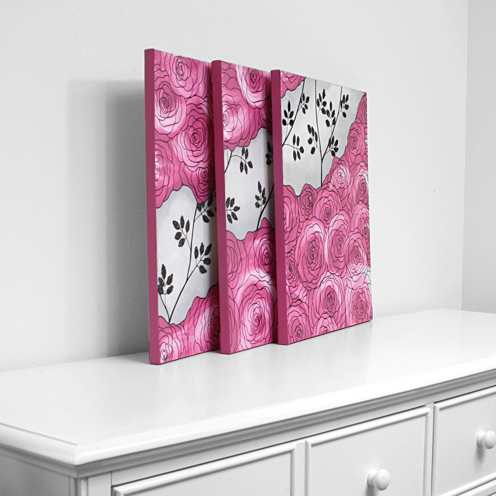 Teen Girl Wall Art Hot Pink Rose Painting Canvas Triptych