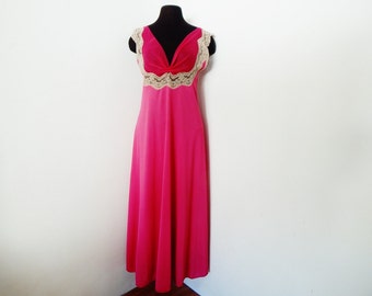 Vintage 60s Magenta Nightgown Luxury Lingerie Hot Pink Negligee' Lace Hollywood Glamour S Small
