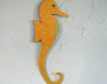 Nautical Art - Seahorse - Tropical Yellow Repurposed Metal Wall Sculpture 3 x 9