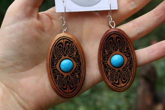 Celtic Turquoise Earrings- Mahogany Wood Earrings with Celtic Knots and Turquoise Stones- Wooden Jewelry, Boho Jewelry